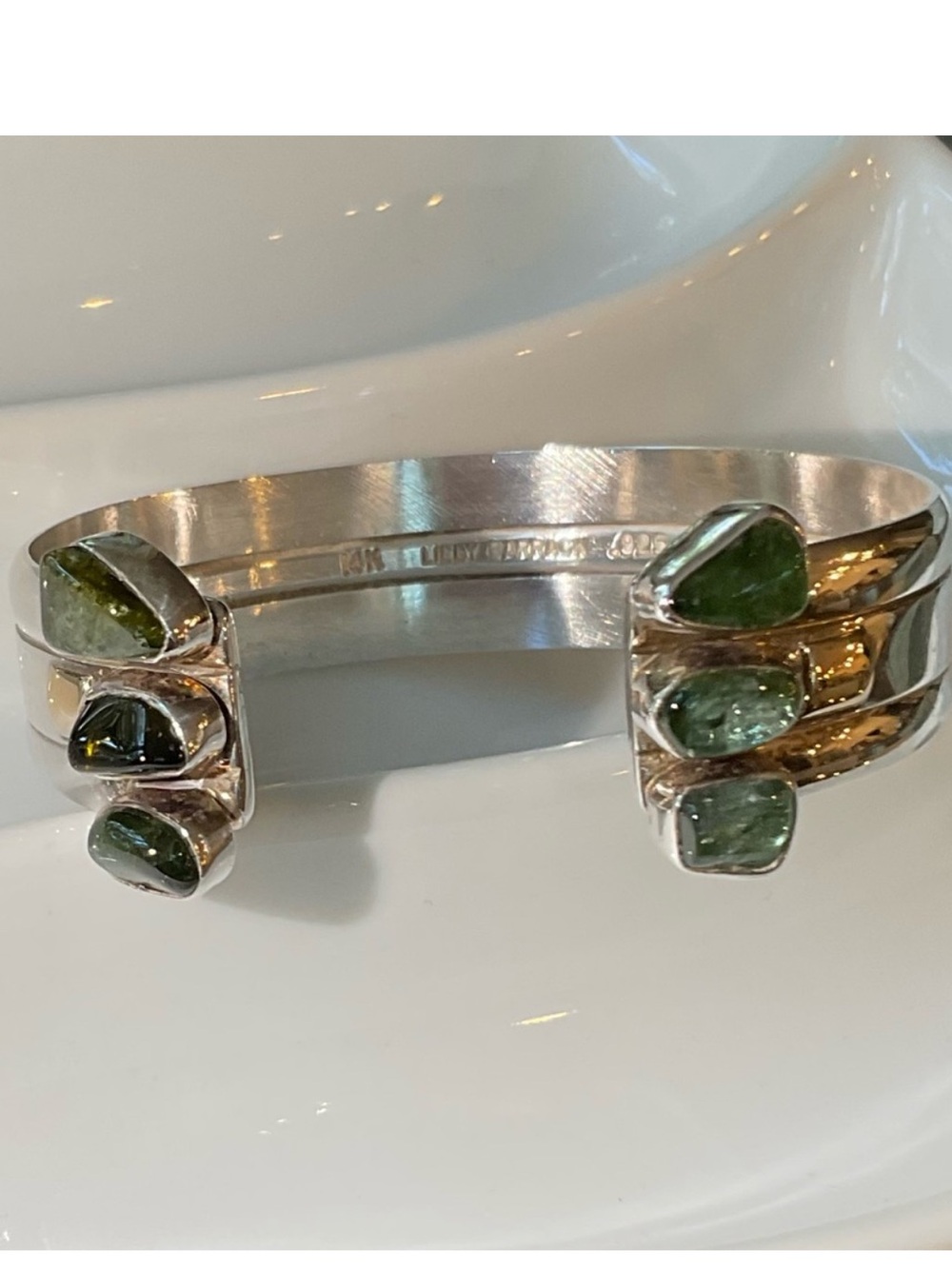 Lilly Barrack Sterling Open Faced Cuff Bracelet Green Gemstone End Caps, 14k